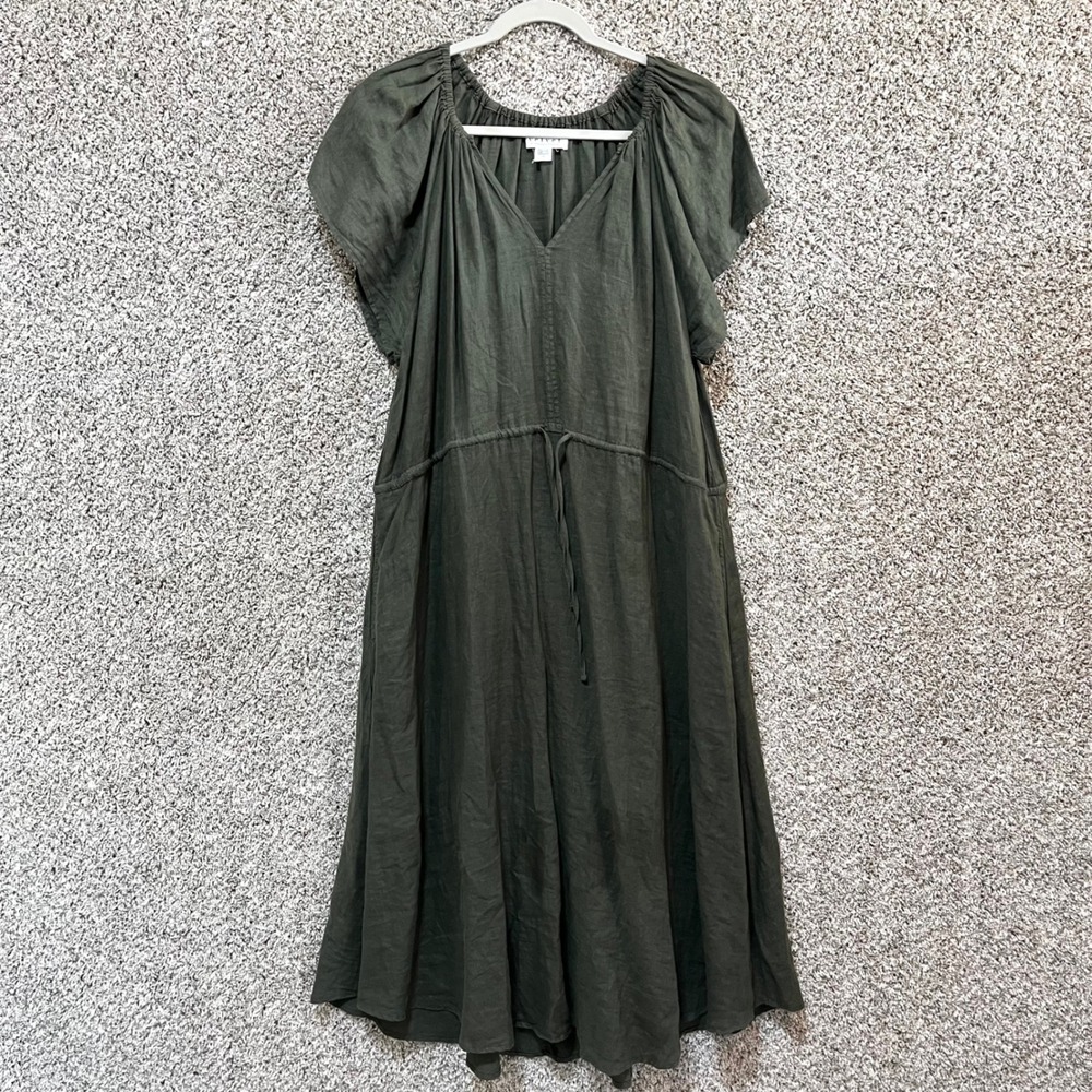 Velvet by Graham & Spencer Dress Women's M Linen V-Neck Drawstring Waist Midi